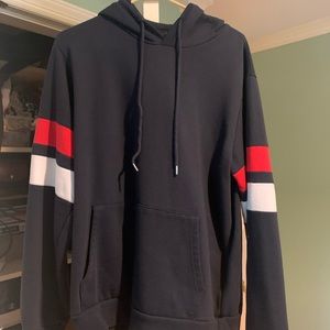 Red and white striped sleeve sweatshirt